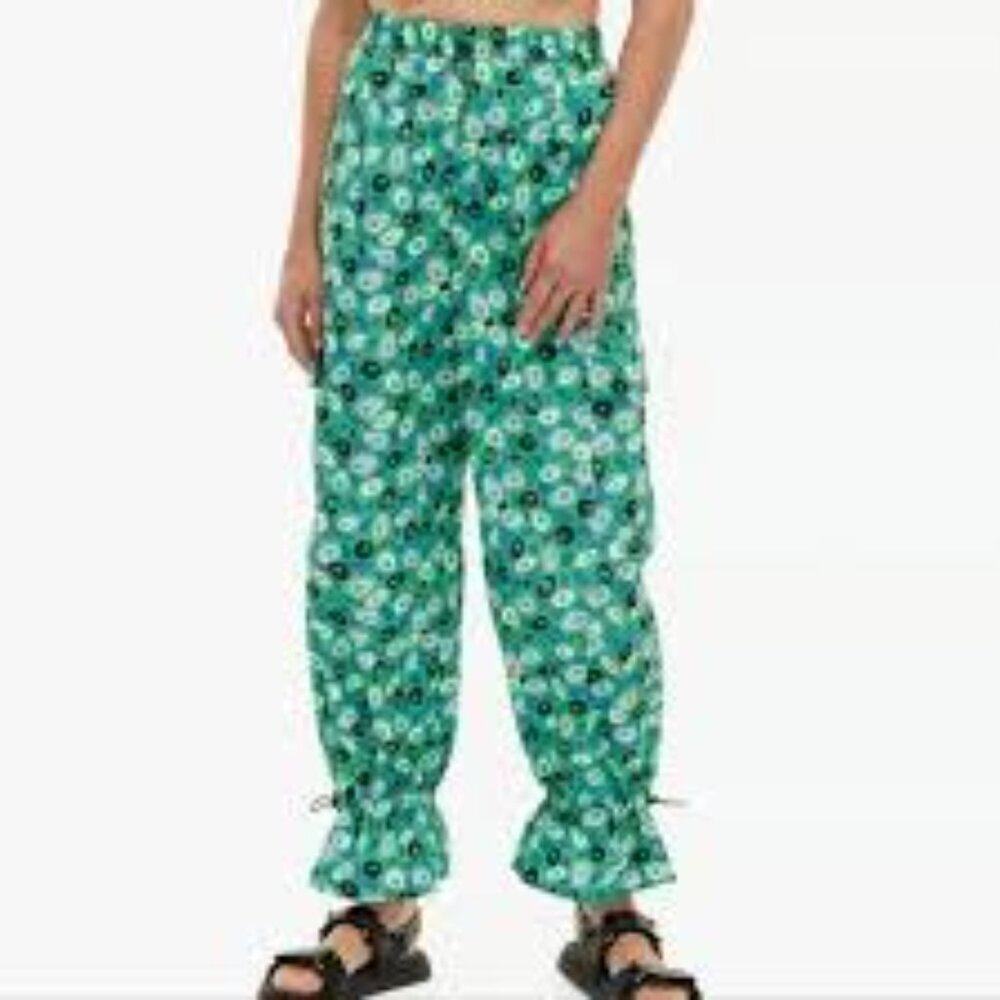 Diane Von Furstenberg Blue and Green Track Pants with Floral Design Medium NWT